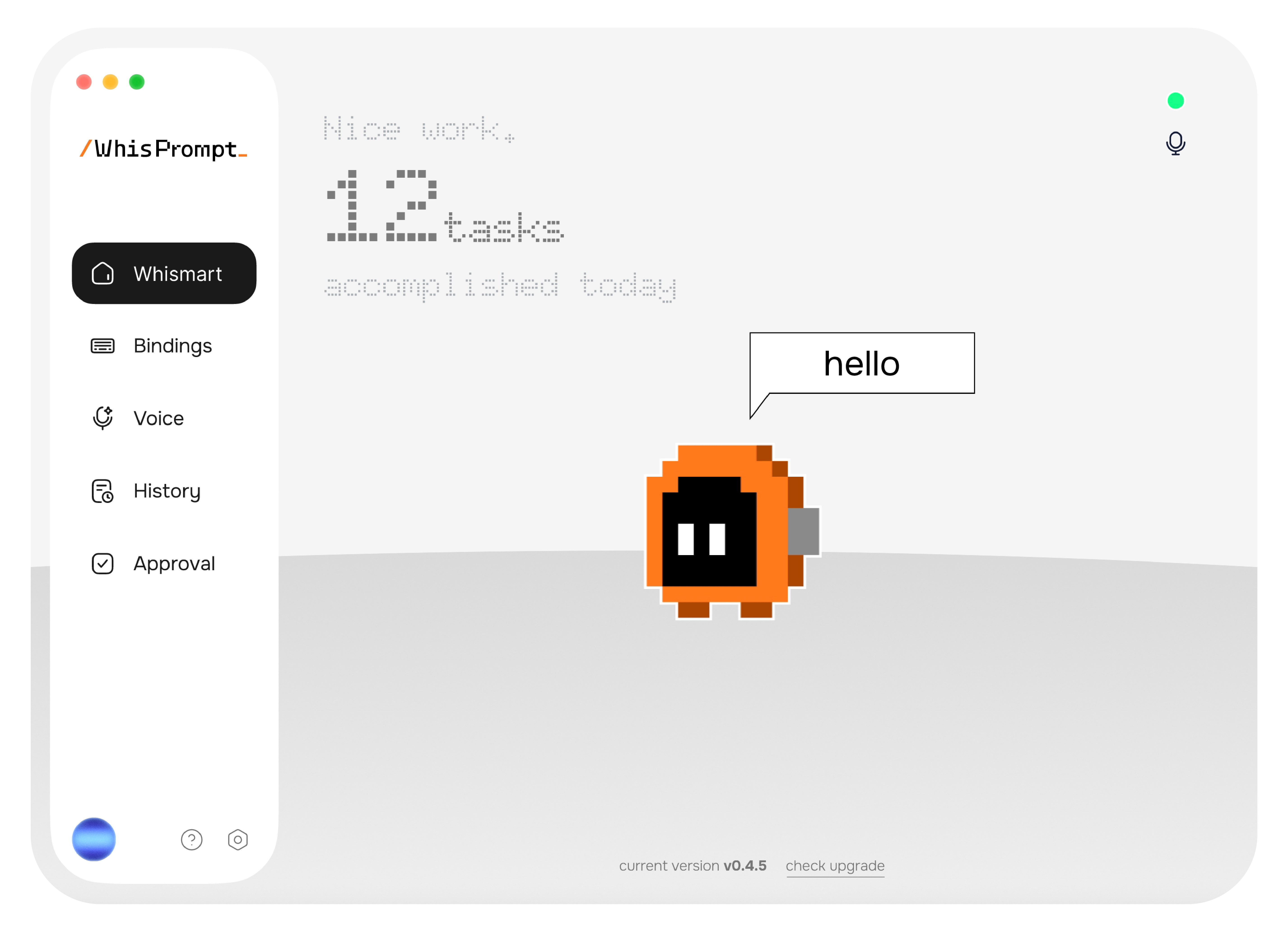 WhisPrompt Client showing voice, history, approval, and live Agent task status